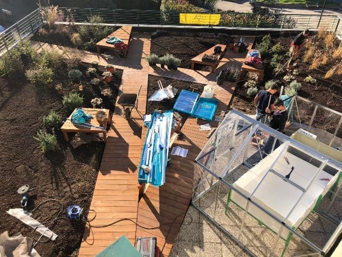 Odzyskiwanie wody deszczowej na dachu ogrodu i szklarni aeroponicznej w Turynie